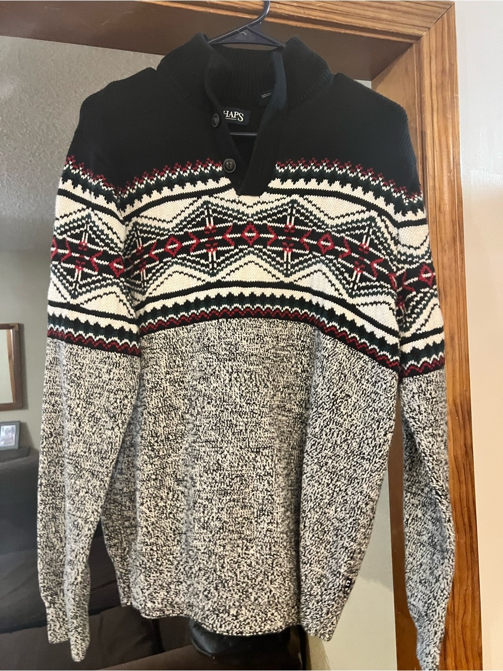 Vintage Chaps Men's Black, White & Red Fair Isle Turtleneck Sweater